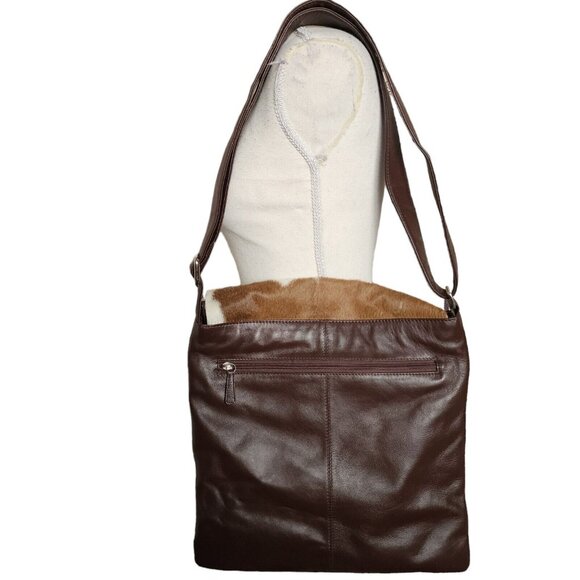 lli New York Brown Leather Calf Hair Flap Vertical Crossbody Bag - Picture 5 of 5